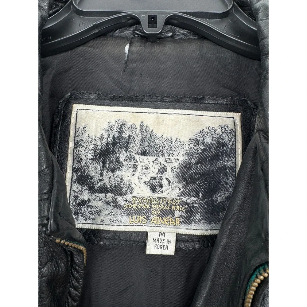 Vintage Luis Alvear Black Genuine Leather Bomber Jacket Men Medium Made in Korea